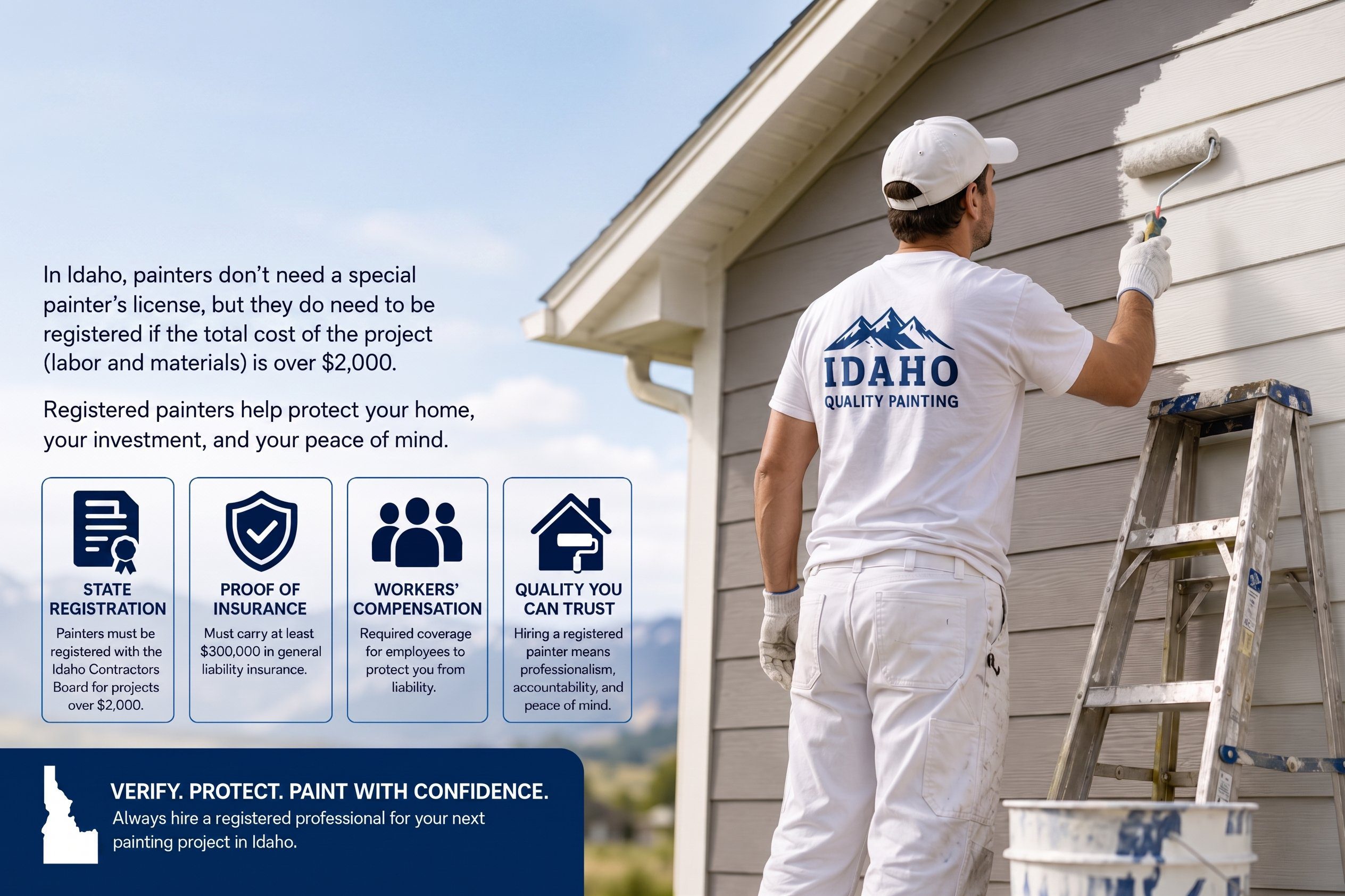 Comprehensive infographic from Builders Idaho (BuildersIdaho.com) providing an essential guide to Idaho painter license vs. registration requirements. It poses and answers the critical question, 'Do You Need a License to Be a Painter in Idaho?', clarifying that while a special license isn't required, registration with the Idaho Contractors Board is mandatory for any painting project (labor and materials) exceeding $2,000. The image features a detailed visual of a professional painter on a ladder with 'IDAHO QUALITY PAINTING' branding, along with informational panels on State Registration, $300,000 General Liability Insurance, Workers' Compensation coverage, and Quality You Can Trust standards. A final call-to-action urges homeowners to 'VERIFY. PROTECT. PAINT WITH CONFIDENCE.' and 'Always hire a registered professional' in Idaho.