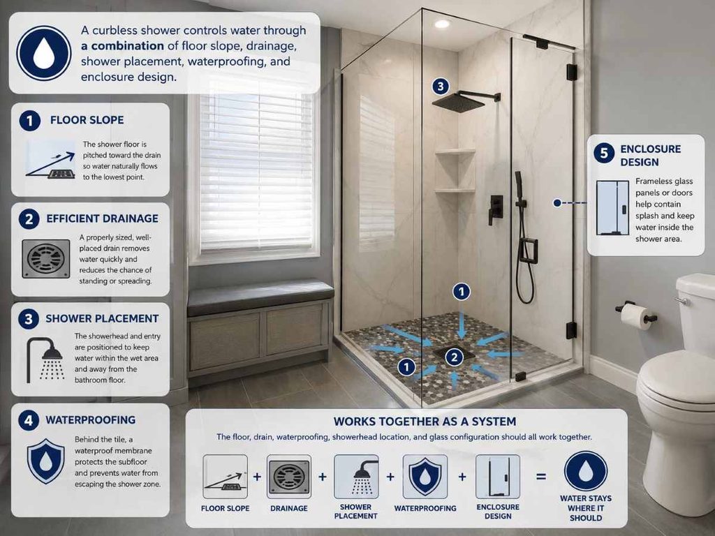 How Does a Curbless Shower Keep Water From Spilling Into the Bathroom