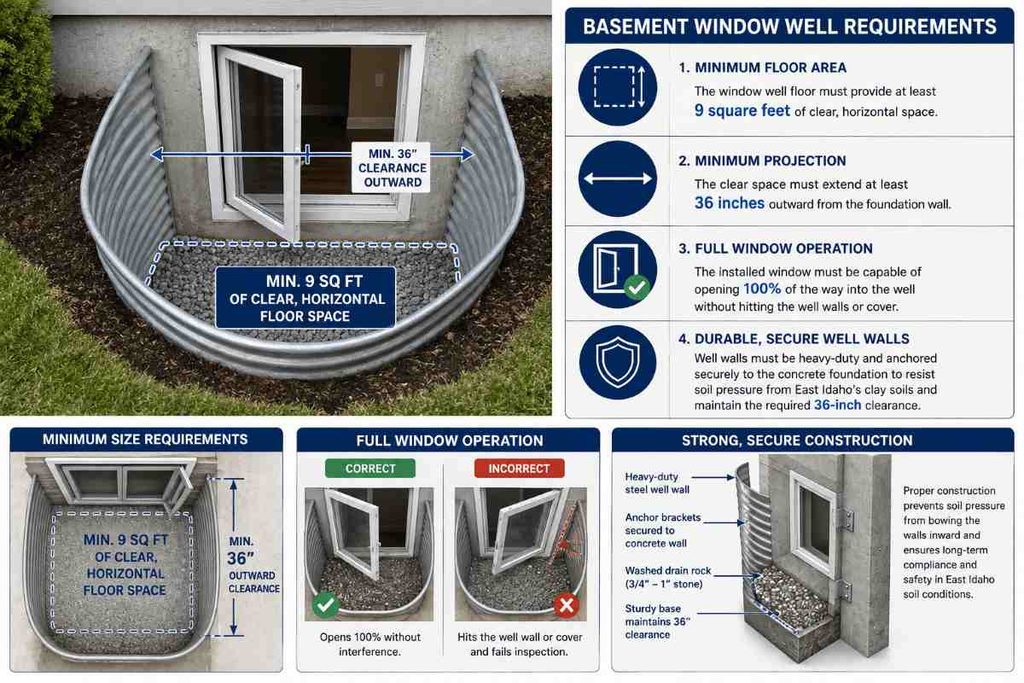 What are the clearance and size requirements for basement window wells