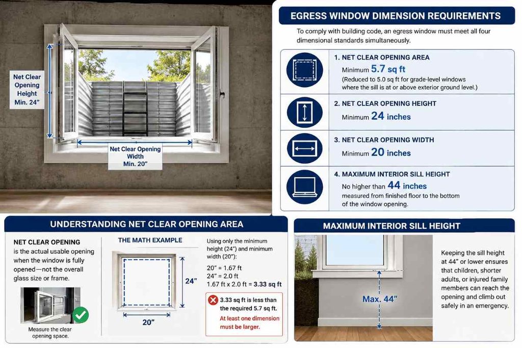 What are the exact size and dimension requirements for an egress window