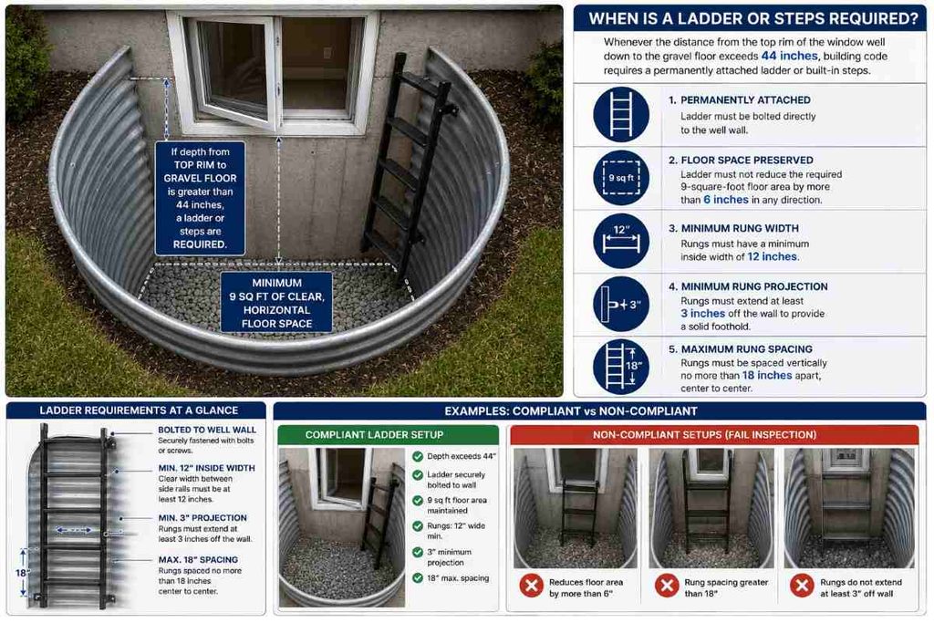 When is an egress ladder or steps required inside the window well