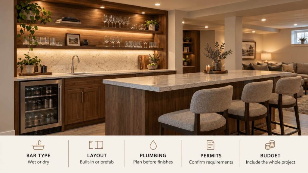 Custom home bar built into a finished basement in Idaho Falls, Idaho