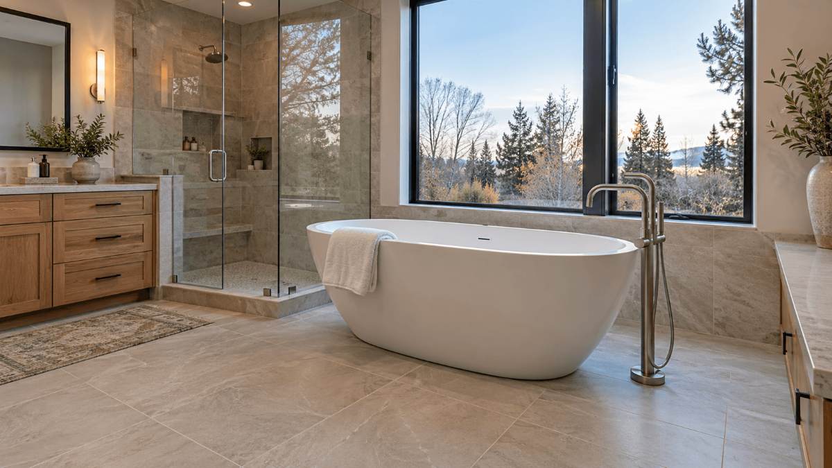 Freestanding tub installed in a luxury bathroom remodel in Idaho Falls, Idaho
