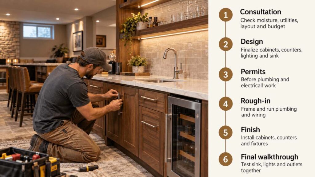 Custom home bar built into a finished basement in Idaho Falls, Idaho